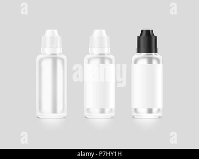 Leere weiße vape liquid Flasche mockup isoliert, Freisteller, 3 Abbildung d. Klar Dampf Saft Flakon mock up Vorlage. Vaporizer dropper Geschmack vi. Stockfoto