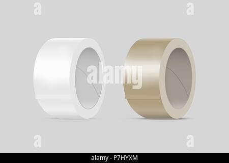 Leere weiße und gelbe Leitung Klebeband Mockup, Freisteller, 3D-Darstellung. Klebrige scotch Roll design Mock up. Klar Klebstoff klebeband Vorlage. Verpackung Isolierband anzeigen. Stockfoto