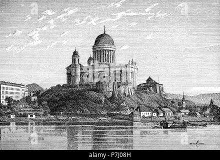 Vintage Blick auf Esztergom Kathedrale auf Donau, der größten Kirche in Ungarn, monumentale Bau im Ungarischen klassizistischen Stil im 19. Stockfoto