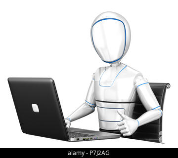 3d-futuristischen android Abbildung. Humanoide Roboter arbeiten mit einem Laptop und Daumen hoch. Isoliert weißer Hintergrund. Stockfoto