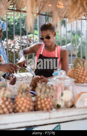 Ein junger Mann arbeitet an einem Kokosmilch-Stand in der Altstadt von Havanna, Kuba. Stockfoto