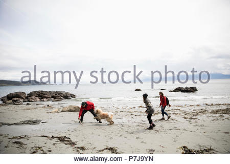 Familie mit Hund spielen auf robuste Strand