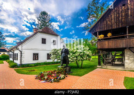 Malerische Aussicht auf den malerischen Ferienort Kumrovec im nördlichen Kroatien, historische Orte und Geburtsort von Josip Broz Tito. Stockfoto