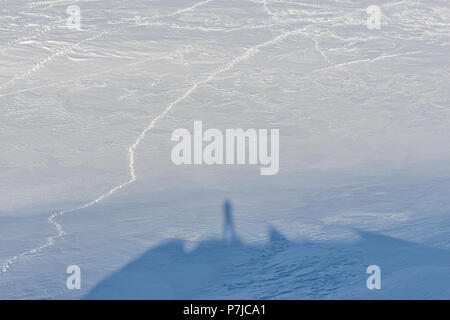 Footprints und Schatten im Schnee. Fløya, Tromsø, Troms, Norwegen. Stockfoto