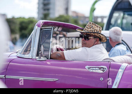 Ein Mann in einem flashy Geparden - Drucken Cowboyhut wartet im Verkehr in seinem violetten Cabrio in Havanna, Kuba. Stockfoto