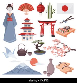 Japanische Symbole Vector Illustration. Bunte Reihe von Japan Kultur Symbole auf weißem Hintergrund. Torii, Fujiyama, japanischen Tempel etc. Stock Vektor