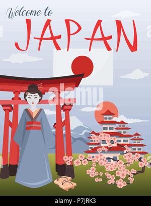 Nach Japan poster Willkommen. Japanische Symbole Vector Illustration. Bunte Symbole der japanischen Kultur. Geisha, Fujiyama, Torii und sacura Zweig Zusammensetzung Stock Vektor