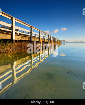 Deutschland, Mecklenburg-Vorpommern, Fischland-Darß-Zingst, Darß Halbinsel, Wieck am Darß, Hafen, Anlegestelle am Bodstedter Bodden, Abendlicht Stockfoto