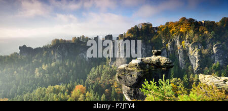 Deutschland, Sachsen, Rathen, Elbsandsteingebirge, Nationalpark Sächsische Schweiz, Blick auf die Basteibrücke im Herbst Stockfoto