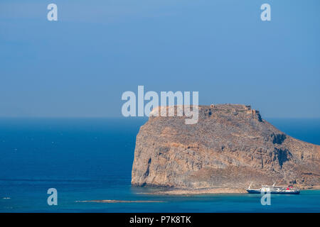 Blick auf den Traumstrand Balos, hinter Gramvoussa Insel, Balos Strand, Sandstrand, der Halbinsel Gramvousa, Kreta, Griechenland, Europa Stockfoto