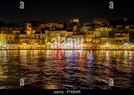 Harbourside, Nachtaufnahme, Venezianische, Hafen, Altstadt, Chania, Kreta, Griechenland, Europa Stockfoto