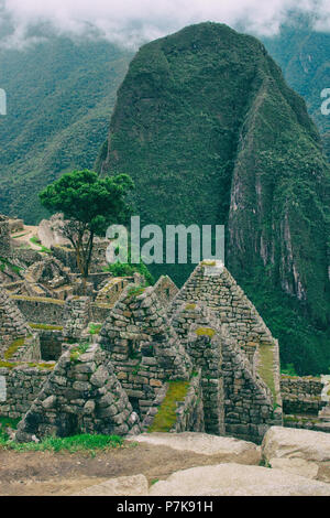 Vertikale Ansicht von Machu Picchu steinerne Ruinen in der wilden Natur der Anden verloren. Peru. Südamerika. Keine Menschen. Stockfoto