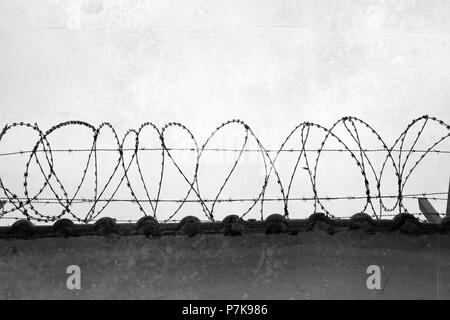 Nahaufnahme von einem Stacheldrahtzaun oben an einer Wand, Stockfoto