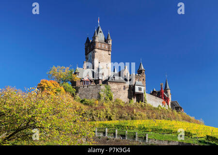 Kaiserliche Burg und Weinberge im Herbst, Cochem, Rheinland-Pfalz, Deutschland Stockfoto