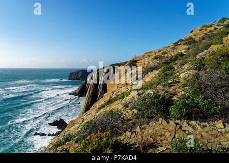 Wunderschöne Dünen und Dünenvegetation entlang der Fishermans Trail, Trail der Rota Vicentina zwischen Praia da Arrifana und Monte Clérico Stockfoto