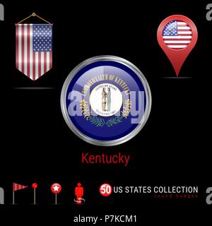 Runde Chrom Vektor Abzeichen mit Kentucky US-Flagge. Wimpel Flagge der USA. Kartenzeiger - USA. Karte Navigation Symbole Stock Vektor