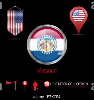 Runde Chrom Vektor Abzeichen mit Missouri US-Flagge. Wimpel Flagge der USA. Kartenzeiger - USA. Karte Navigation Symbole Stock Vektor