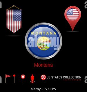 Runde Chrom Vektor Abzeichen mit Montana US-Flagge. Wimpel Flagge der USA. Kartenzeiger - USA. Karte Navigation Symbole Stock Vektor