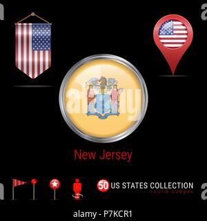 Runde Vector Chrome Badge mit New Jersey US-Flagge. Wimpel Flagge der USA. Kartenzeiger - USA. Karte Navigation Symbole Stock Vektor