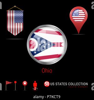 Runde Chrom Vektor Abzeichen mit Ohio US-Flagge. Wimpel Flagge der USA. Kartenzeiger - USA. Karte Navigation Symbole Stock Vektor