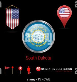 Runde Vector Chrome Badge mit South Dakota US-Flagge. Wimpel Flagge der USA. Kartenzeiger - USA. Karte Navigation Symbole Stock Vektor