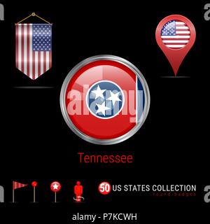 Runde Chrom Vektor Abzeichen mit Tennessee US-Flagge. Wimpel Flagge der USA. Kartenzeiger - USA. Karte Navigation Symbole Stock Vektor