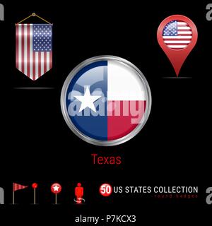 Runde Chrom Vektor Abzeichen mit Texas US-Flagge. Wimpel Flagge der USA. Kartenzeiger - USA. Karte Navigation Symbole Stock Vektor