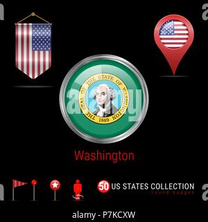 Runde Chrom Vektor Abzeichen mit Washington US-Flagge. Wimpel Flagge der USA. Kartenzeiger - USA. Karte Navigation Symbole Stock Vektor