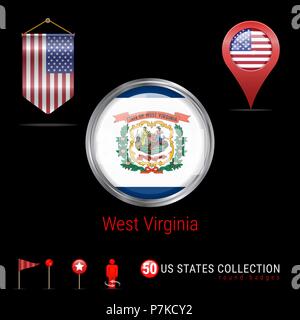 Runde Chrom Vektor Abzeichen mit West Virginia US-Flagge. Wimpel Flagge der USA. Kartenzeiger - USA. Karte Navigation Symbole Stock Vektor