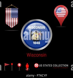 Runde Chrom Vektor Abzeichen mit Wisconsin US-Flagge. Wimpel Flagge der USA. Kartenzeiger - USA. Karte Navigation Symbole Stock Vektor