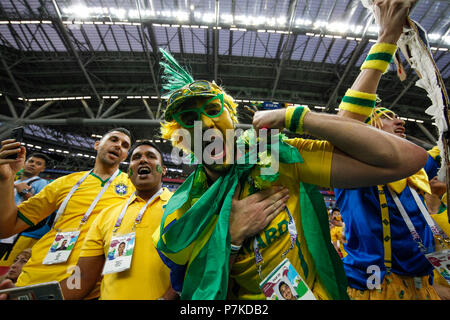 Brasilien Fans vor der 2018 FIFA WM-Viertelfinale zwischen Brasilien und Belgien bei Kazan Arena am 6. Juli 2018 in Kasan, Russland. (Foto von Daniel Chesterton/phcimages.com) Stockfoto