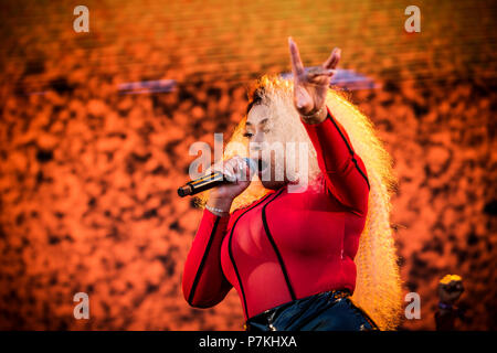 Roskilde, Dänemark. 7. Juli 2018. Die englische Rapper und Sänger Stefflon Don führt ein Live Konzert während der dänischen Musik Festival Roskilde Festival 2018. (Foto: Gonzales Foto - Christian Hjorth). Credit: Gonzales Foto/Alamy leben Nachrichten Stockfoto