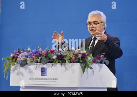 Guiyang, Provinz Guizhou Chinas. 7. Juli 2018. International Energy Agency Executive Director Fatih Birol spricht bei der Eröffnung des Eco Forum Globale jährliche Konferenz Guiyang 2018 in Guiyang, Hauptstadt der Provinz Guizhou im Südwesten Chinas, 7. Juli 2018. Credit: Ou Dongqu/Xinhua/Alamy leben Nachrichten Stockfoto