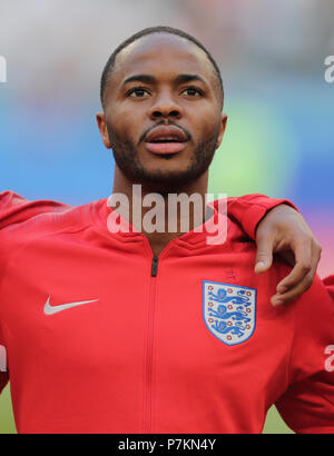 Samara, Russland. 7. Juli 2018. Russland. 7. Juli 2018. Russland. 7. Juli 2018. Raheem Sterling ENGLAND SCHWEDEN V England, 2018 FIFA WORLD CUP RUSSLAND, 07. Juli 2018 GBC9375 (Schweden v England 2018 FIFA WM Stadion Spartak Moskau Russland STRENG REDAKTIONELLE VERWENDUNG NUR. Wenn der Spieler/Spieler in diesem Bild dargestellt ist/Spielen für einen englischen Club oder das England National Team. Dann ist dieses Bild darf nur für redaktionelle Zwecke verwendet werden. Keine kommerzielle Nutzung. Folgende Verwendungen sind auch dann eingeschränkt, wenn in einem redaktionellen Kontext: Verwendung in Verbindung mit oder als Teil eines nicht autorisierten Audio-, Video-, Daten-, fixtur Stockfoto