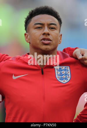 Samara, Russland. 7. Juli 2018. Russland. 7. Juli 2018. Russland. 7. Juli 2018. Jesse Lingard ENGLAND SCHWEDEN V England, 2018 FIFA WORLD CUP RUSSLAND, 07. Juli 2018 GBC 9221 Schweden v England 2018 FIFA WM Stadion Spartak Moskau Russland STRENG REDAKTIONELLE VERWENDUNG NUR. Wenn der Spieler/Spieler in diesem Bild dargestellt ist/Spielen für einen englischen Club oder das England National Team. Dann ist dieses Bild darf nur für redaktionelle Zwecke verwendet werden. Keine kommerzielle Nutzung. Folgende Verwendungen sind auch dann eingeschränkt, wenn in einem redaktionellen Kontext: Verwendung in Verbindung mit oder als Teil eines nicht autorisierten Audio-, Video-, Daten-, Befestigung Stockfoto