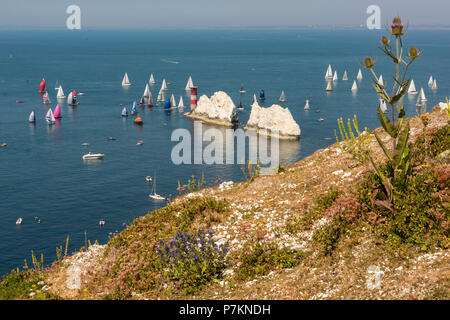 Isle of Wight, Großbritannien. 7. Juli 2018. Die Cloudy Bay 2018 Rund um die Insel Regatta, Isle of Wight, England, Vereinigtes Königreich. Fast 1800 Yachten, nehmen an der jährlichen Regatta rund um die Küste der Isle of Wight. Yachten sind fast von der anhaltenden Hitzewelle und ein Mangel an Wind. Das bedeutet, dass Sie fast im Wasser im Kampf gegen die Gezeiten sind stationäre Flaute. Ein Zuschauer Spektakel wie kein anderer und eine Flamme des farbigen Segel um die Nadeln Leuchtturm am westlichen Rand der Insel. Quelle: Steve Hawkins Fotografie/Alamy leben Nachrichten Stockfoto