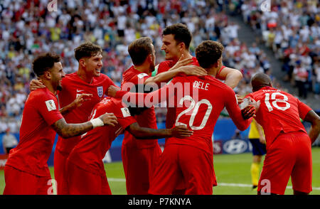 Samara, Russland. 7. Juli 2018. Spieler von England feiern Dele Alli Ziel während der 2018 FIFA World Cup Viertelfinale zwischen Schweden und England in Samara, Russland, 7. Juli 2018. Credit: Lu Jinbo/Xinhua/Alamy leben Nachrichten Stockfoto