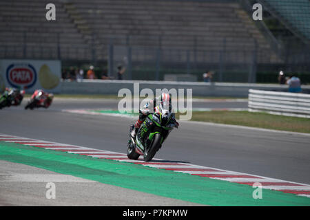 Misano, Italien. 07 Juli, 2018. Misano, Italien. 7. Juli 2018. 1 Jonathan Rea GBR Kawasaki ZX-10RR Kawasaki Racing Team WorldSBK während der MOTUL FIM Superbike Meisterschaft - Italienische Runde Superpole Rennen während der World Superbikes-Stromkreis PIRELLI Riviera di Rimini rund, 6. - 8. Juli 2018 in Misano, Italien. Quelle: Fabio Averna/Alamy Live News Credit: Fabio Averna/Alamy leben Nachrichten Stockfoto