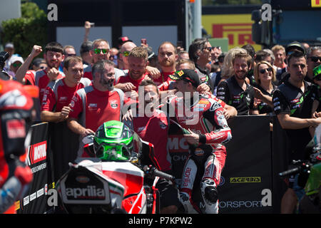 Misano, Italien. 07 Juli, 2018. Misano, Italien. 7. Juli 2018. 50 Eugene Laverty IRL Aprilia RSV 4 RF Milwaukee Aprilia während der MOTUL FIM Superbike Meisterschaft - Italienische Runde Superpole Rennen während der World Superbikes-Stromkreis PIRELLI Riviera di Rimini rund, 6. - 8. Juli 2018 in Misano, Italien. Quelle: Fabio Averna/Alamy Live News Credit: Fabio Averna/Alamy leben Nachrichten Stockfoto