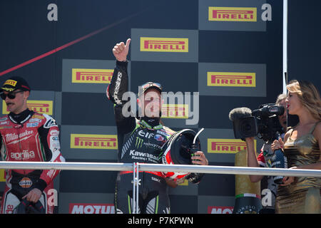 Misano, Italien. 07 Juli, 2018. Misano, Italien. 7. Juli 2018. 1 Jonathan Rea GBR Kawasaki ZX-10RR Kawasaki Racing Team WorldSBK während der MOTUL FIM Superbike Meisterschaft - Italienische Runde Superpole Rennen während der World Superbikes-Stromkreis PIRELLI Riviera di Rimini rund, 6. - 8. Juli 2018 in Misano, Italien. Quelle: Fabio Averna/Alamy Live News Credit: Fabio Averna/Alamy leben Nachrichten Stockfoto