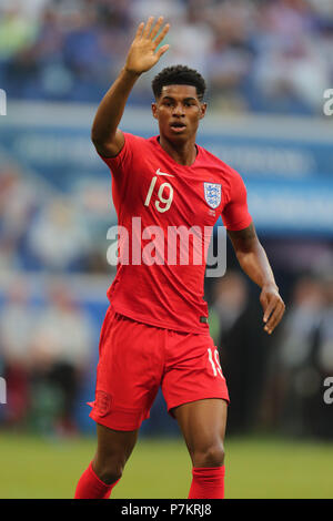 Samara, Russland. 7. Juli 2018. Marcus Rashford ENGLAND SCHWEDEN V England, 2018 FIFA WORLD CUP RUSSLAND, 07. Juli 2018 GBC 9428 Schweden v England 2018 FIFA WM Stadion Spartak Moskau Russland STRENG REDAKTIONELLE VERWENDUNG NUR. Wenn der Spieler/Spieler in diesem Bild dargestellt ist/Spielen für einen englischen Club oder das England National Team. Dann ist dieses Bild darf nur für redaktionelle Zwecke verwendet werden. Keine kommerzielle Nutzung. Folgende Verwendungen sind auch dann eingeschränkt, wenn in einem redaktionellen Kontext: Verwendung in Verbindung mit oder als Teil eines nicht autorisierten Audio-, Video-, Daten-, Spielpläne, Verein/liga Logos, Wetten, Spiele o Stockfoto