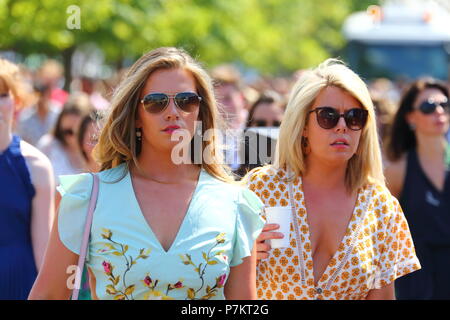 Henley-On-Thames, UK. 7. Juli 2018. Rudern afficionados und fashionistas gleichermaßen an einem anderen sweltering Tag bei der jährlichen Henley Royal Regatta gesammelt. Quelle: Uwe Deffner/Alamy leben Nachrichten Stockfoto