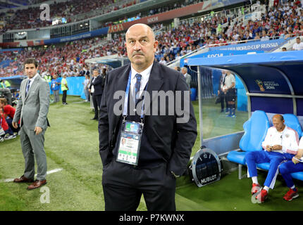 Sochi, Russland. 07 Juli, 2018. Wm-Viertelfinale zwischen Russland und Kroatien am Fisht Stadion. Die russische Manager Stanislav Cherchesov. Credit: Christian Charisius/dpa/Alamy leben Nachrichten Stockfoto