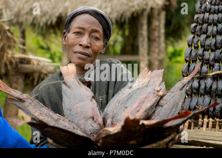 Frau verkaufen Fische, geräuchert Tilapia (Ngege), Straßenrand Fisch Verkäufer, Street Hersteller, Lieferanten Uganda Stockfoto