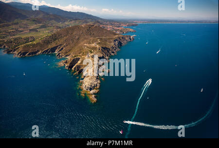 Cap Béar, felsigen Landzunge mit Leuchtturm, Canet-en-Roussillon, Pyrénées-Orientales Abteilung, Occitanie Region, Frankreich Stockfoto