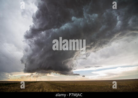 Eine supercell Thunderstorm Türme über die Landschaft der Great Plains. Stockfoto