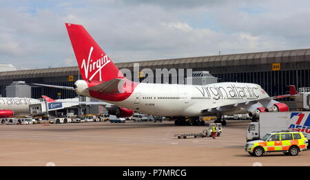 Virgin Atlantic 747 Jumbo an der Manchester Airport Ringway Stockfoto