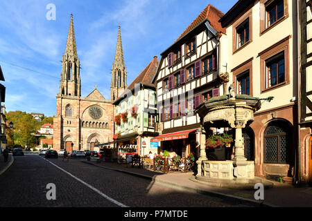 Frankreich, Bas Rhin, Obernai, Rue Chanoine Gyss, gut mit den sechs Eimern und Saint Pierre und Paul Kirche Stockfoto