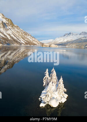 Antenne Panoramaaussicht auf den Silsersee und PLAUN DA LEJ im Winter, Maloja Region, Kanton Graubünden, Engadin, Schweiz Stockfoto