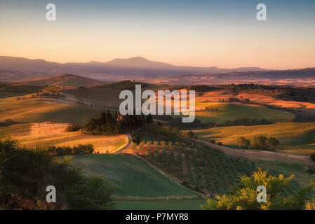 Podere Belvedere, San Quirico d'Orcia Provinz Siena, Toskana, Italien, Sonnenaufgang über dem Bauernhaus und die Hügel. Stockfoto